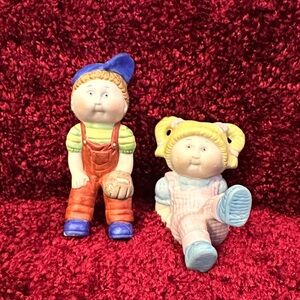 Cabbage Patch Kids Pair of Porcelain Figures. Baseball Boy Pigtail Girl 1984